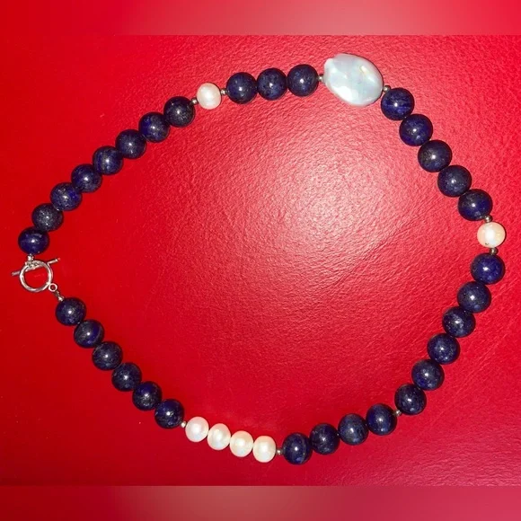 lapis lazuli beaded necklace with pearls And silver clasp, 20 Inches - Picture 2 of 8